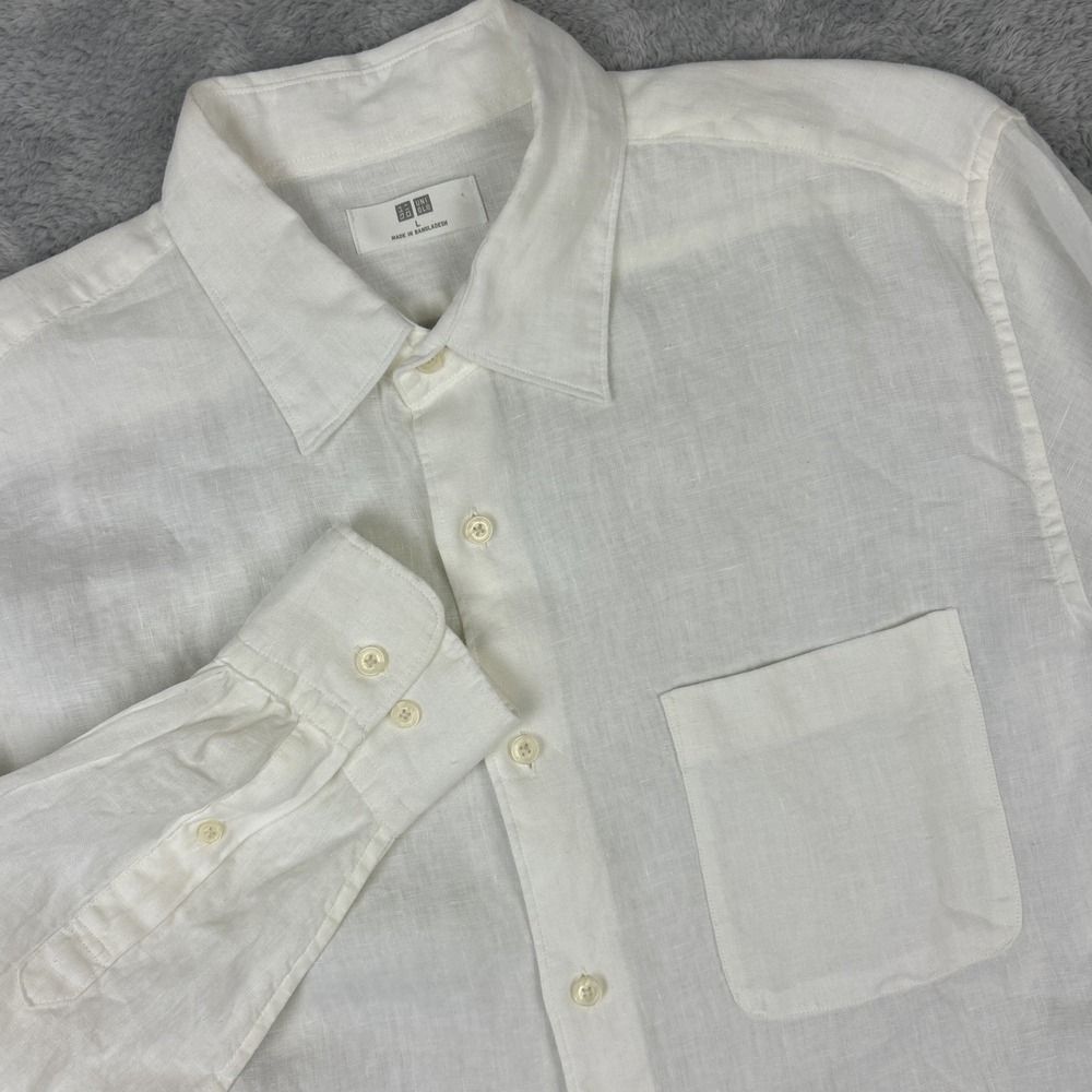 Uniqlo mens L Linen Button Up Shirt Long Sleeve Breathable White Classic Summer